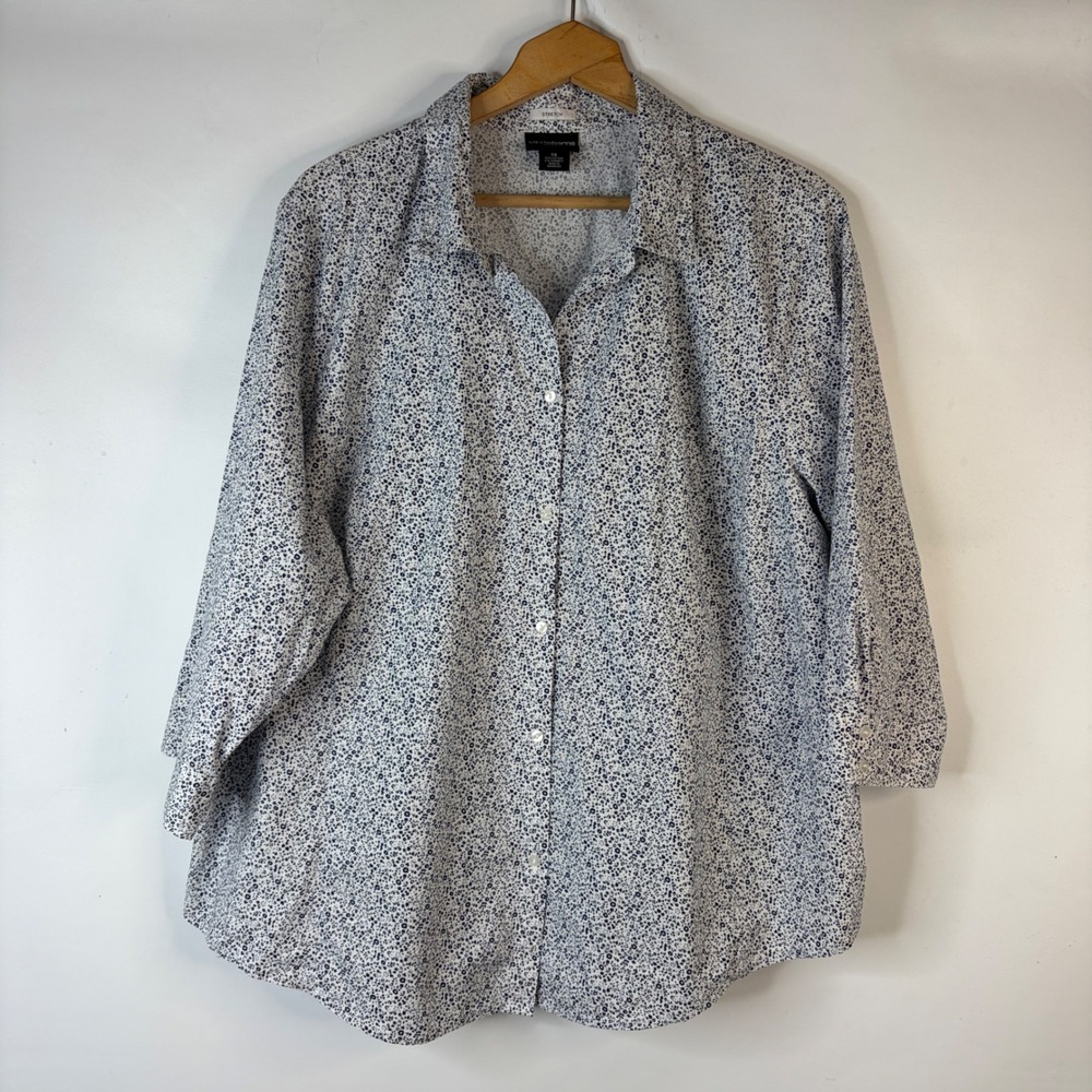 Liz Claiborne Button Down Shirt Women 3X White Navy Blue Floral Stretch Top